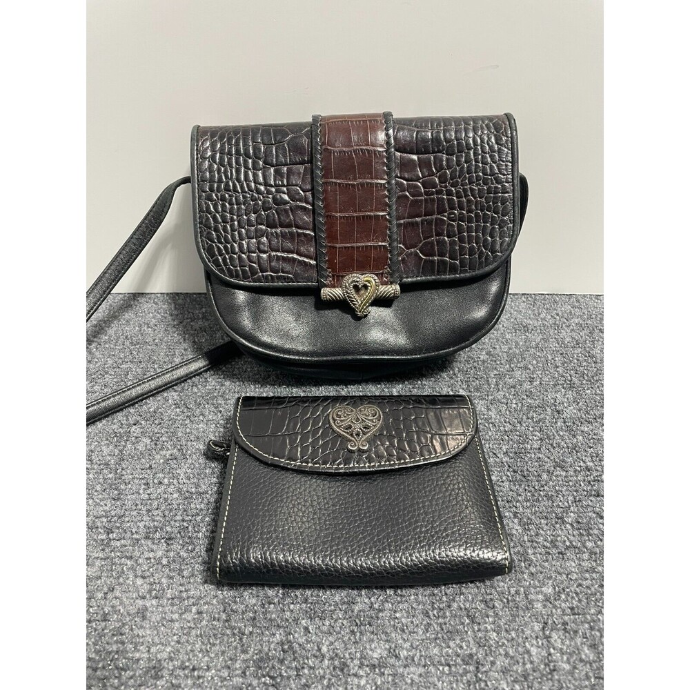 Vintage One World Brighton ChocBrown Croc-Embossed & Black Leather Crossbody Bag